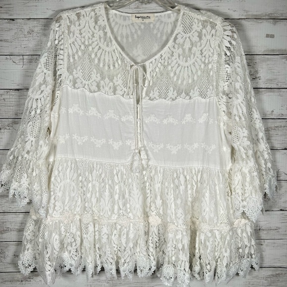 Impressions Lace Tiered Bohemian Cottagecore Babydoll White Top 2X Top - Picture 3 of 12